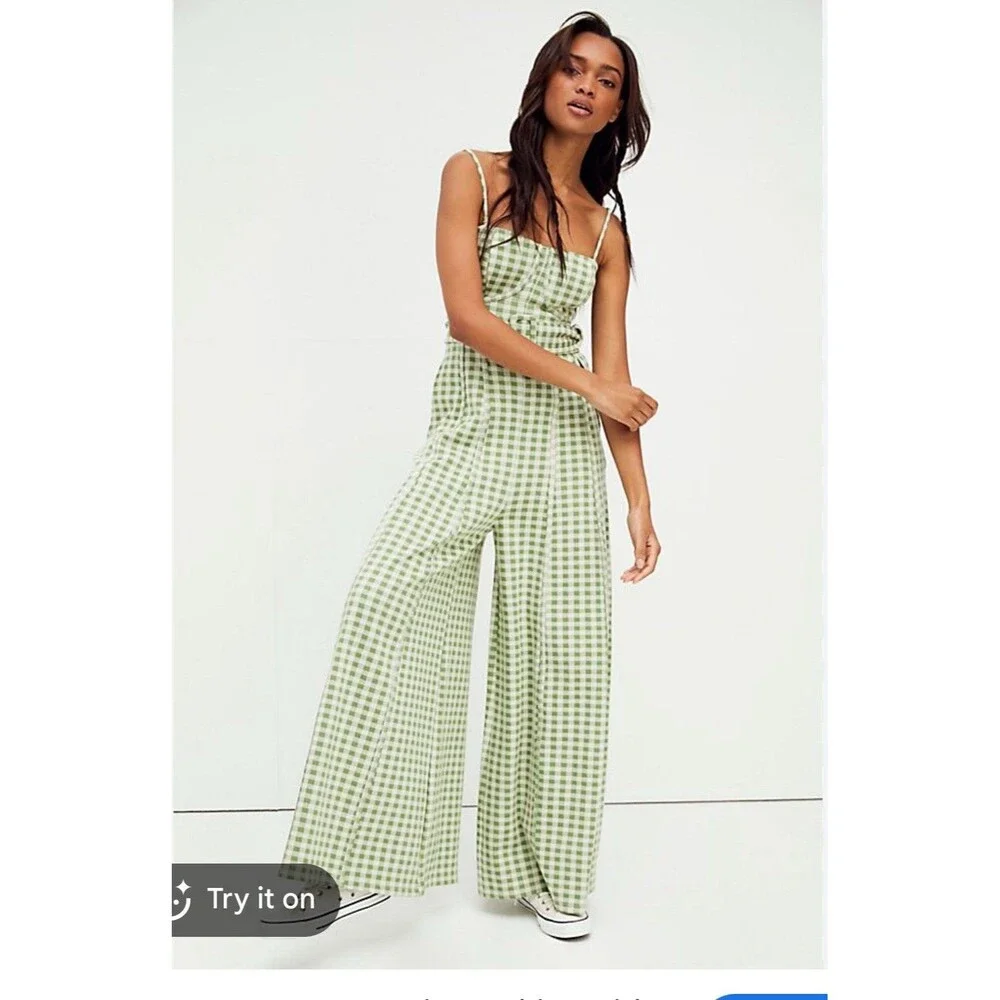 Free People Hold Me Tights Gingham Wide Leg Jumpsuit Green Linen Blend Size XS